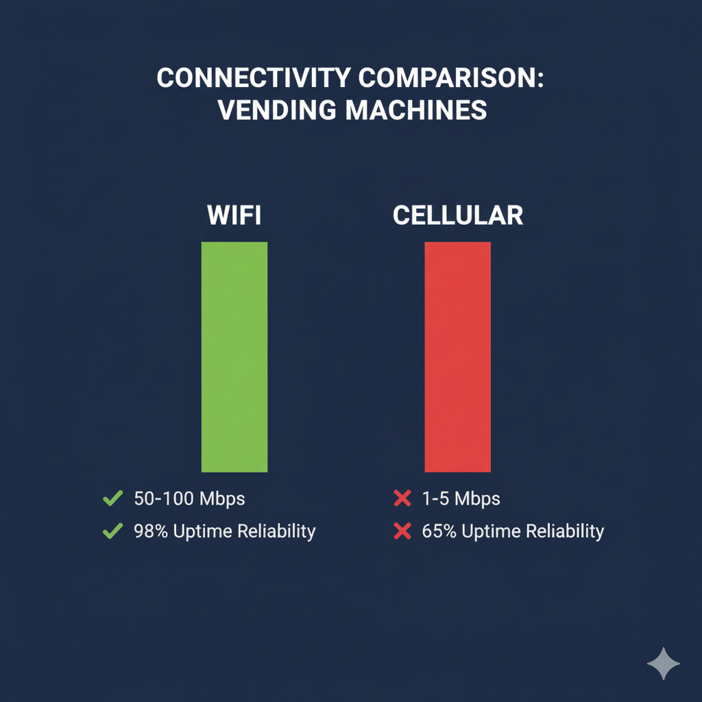 Image 2 Prompt: Data visualization comparison chart showing two vertical bars side by side, left bar labeled WiFi with high green bar showing 50-100 Mbps speed and 98% uptime reliability, right bar labeled cellular with lower red bar showing 1-5 Mbps speed and 65% uptime reliability, clean infographic style with icons, simple blue and green color palette, professional business aesthetic, square format, minimal text, clear visual hierarchy, modern flat design